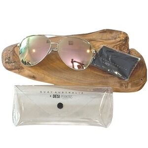 Quay Australia Vivienne Sunglasses Gold Rose Gold Mirrored Aviator Case + Cloth